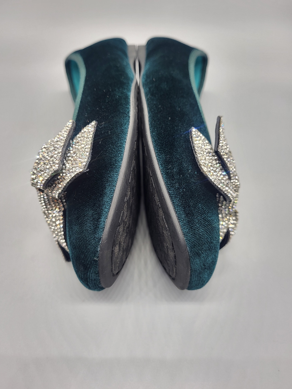Birdies Teal Velvet Flats with Crystal Bow - Picture 13 of 14